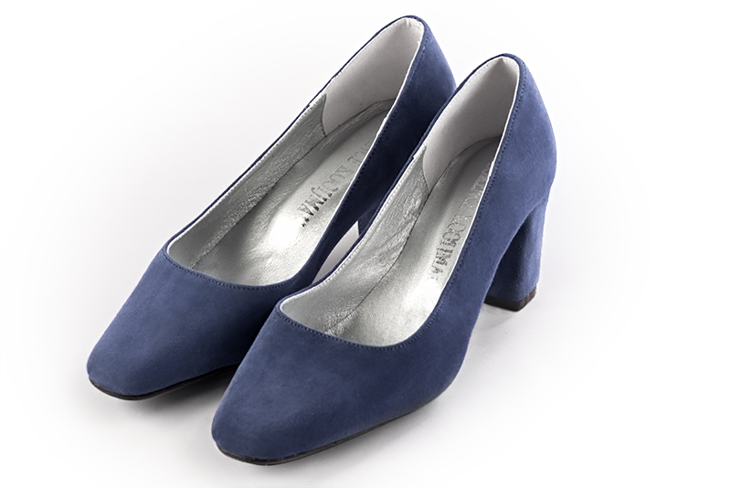 Prussian blue women's dress pumps,with a square neckline. Square toe. Medium block heels - Florence KOOIJMAN